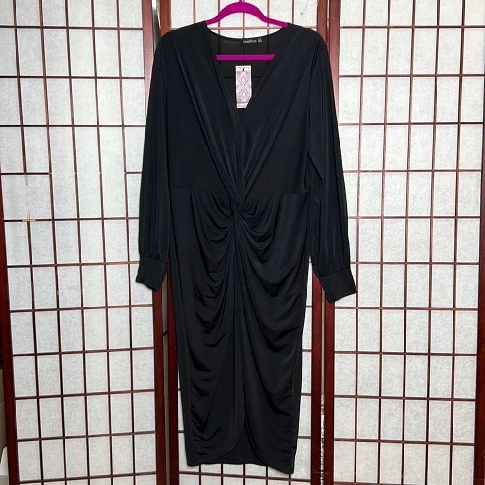 NWT BOOHOO KNOT FRONT BLACK DRESS SIZE 14